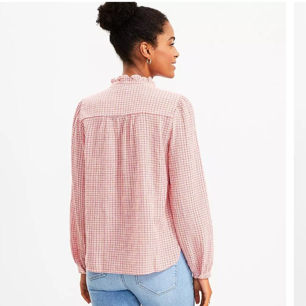 NEW Ann Taylor Loft Plaid Ruffle‎ Long Sleeve Button Down Shirt Size M - Picture 3 of 3